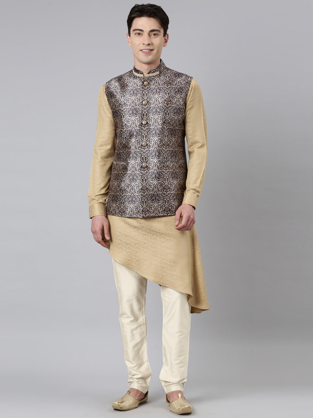 Printed Jacket with Self-design Drape Side-Open Kurta
