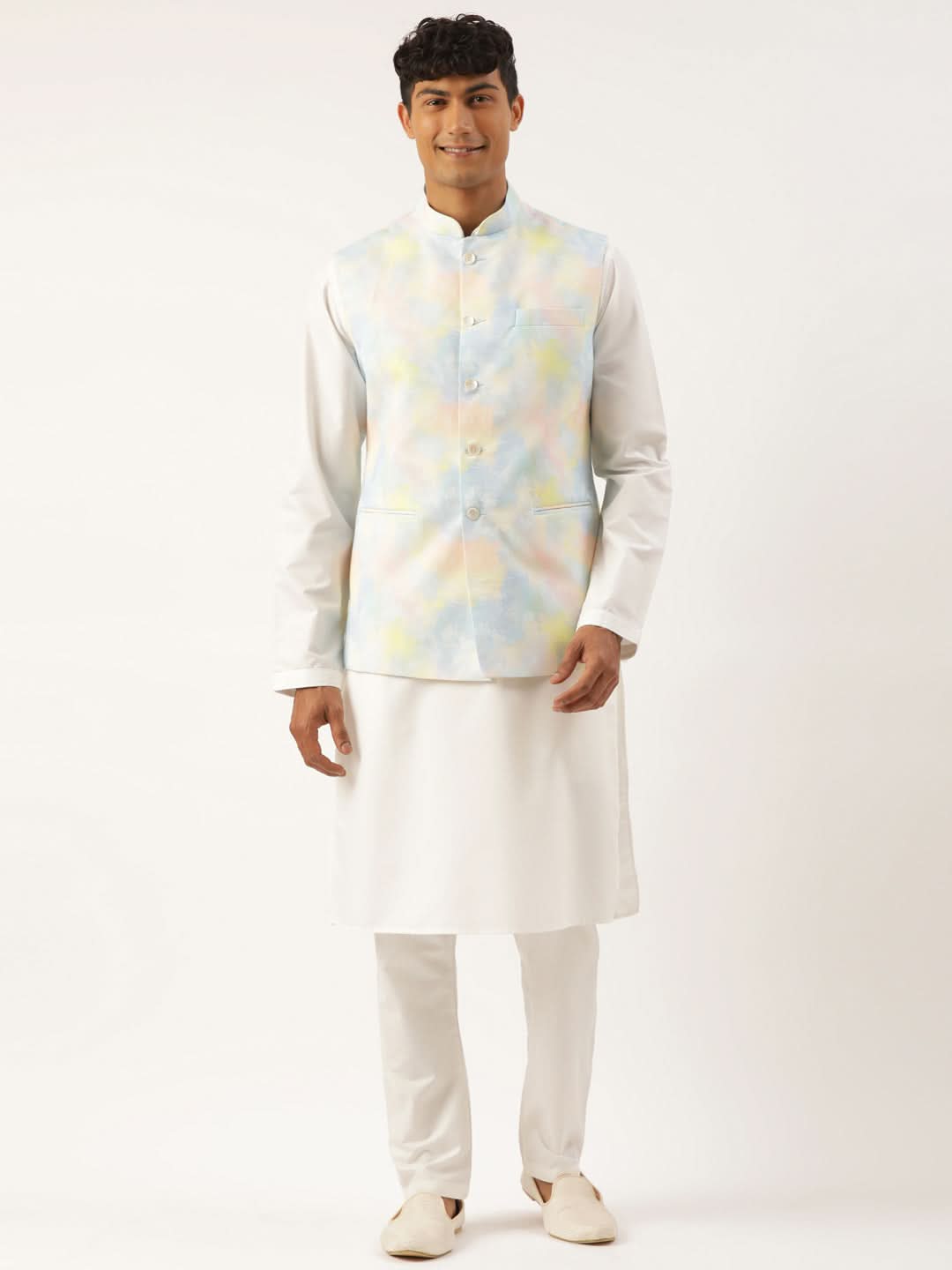 Multicolor Tiedye Cotton Jacket With Yellow Self Design Premium Cotton Kurta