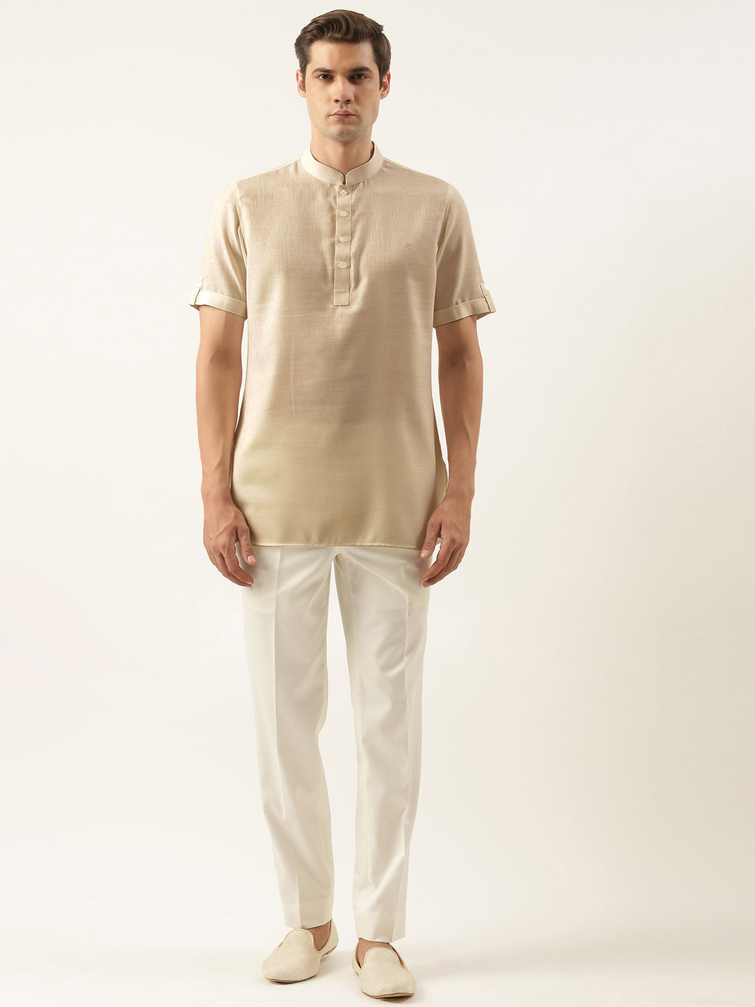 Beige Yellow Cotton Short Kurta Set