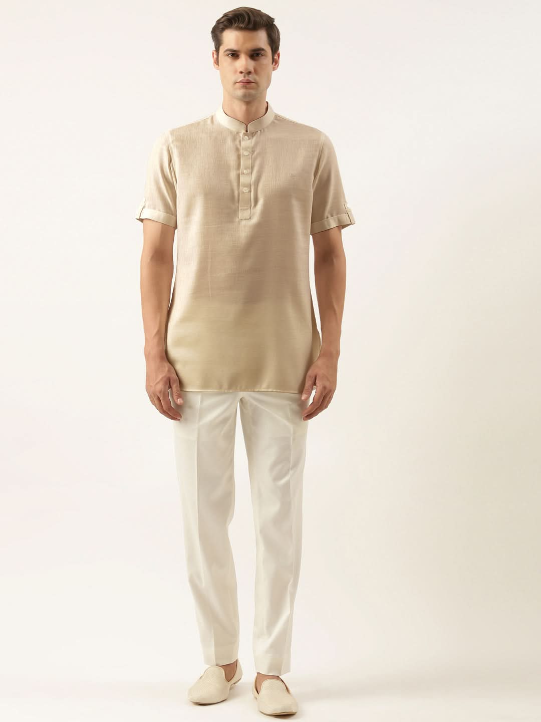 Beige Yellow Cotton Short Kurta Set