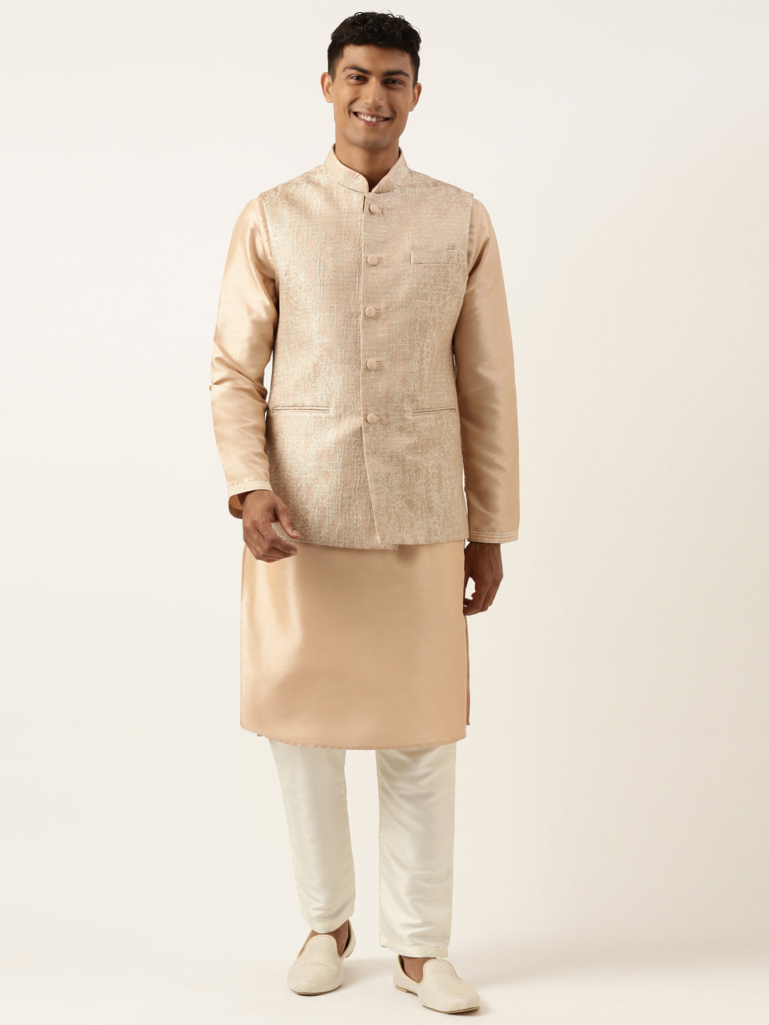 Peach Jacquard Jacket Kurta Set