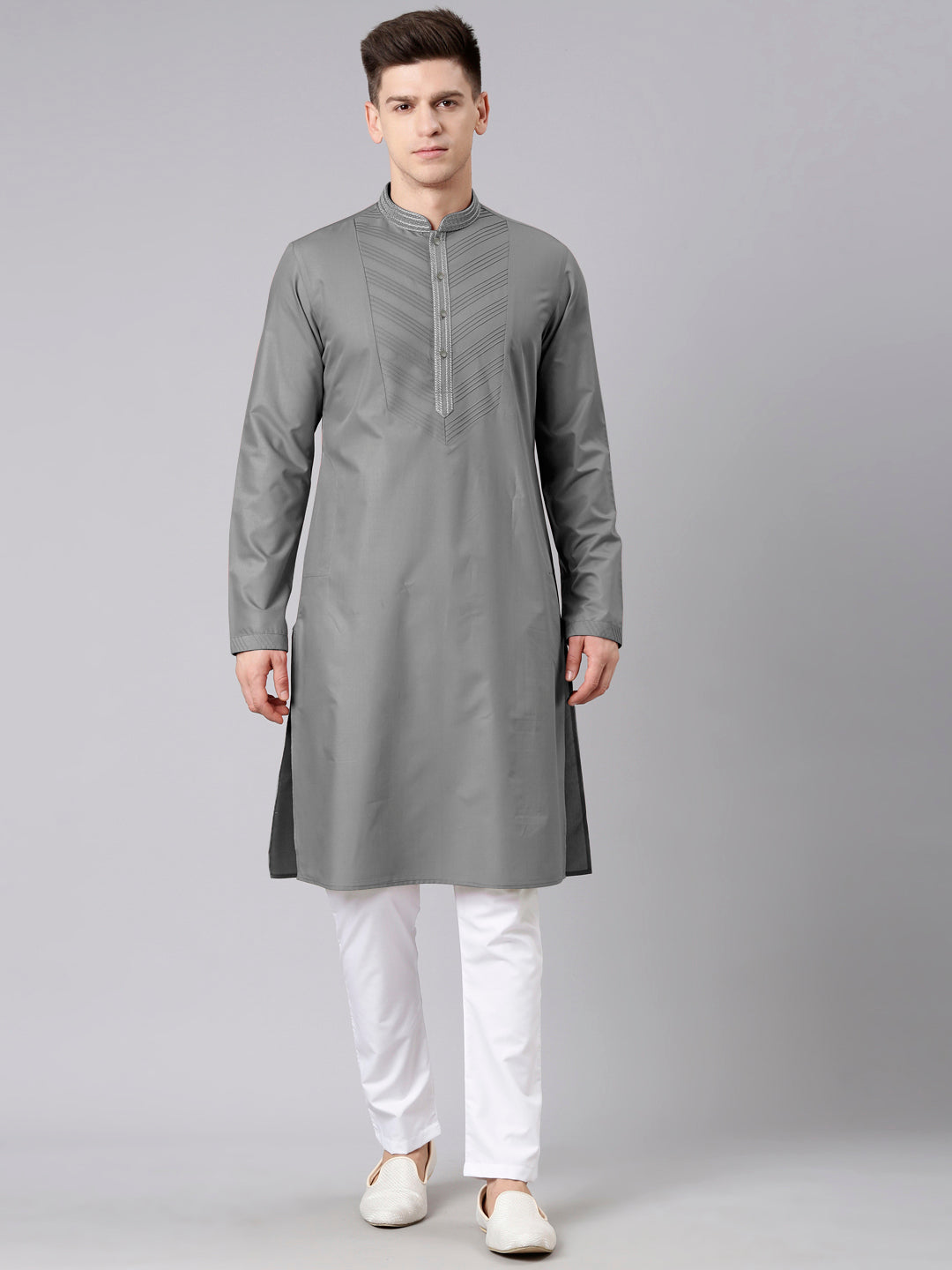 Grey Pleated Cotton Kurta Set