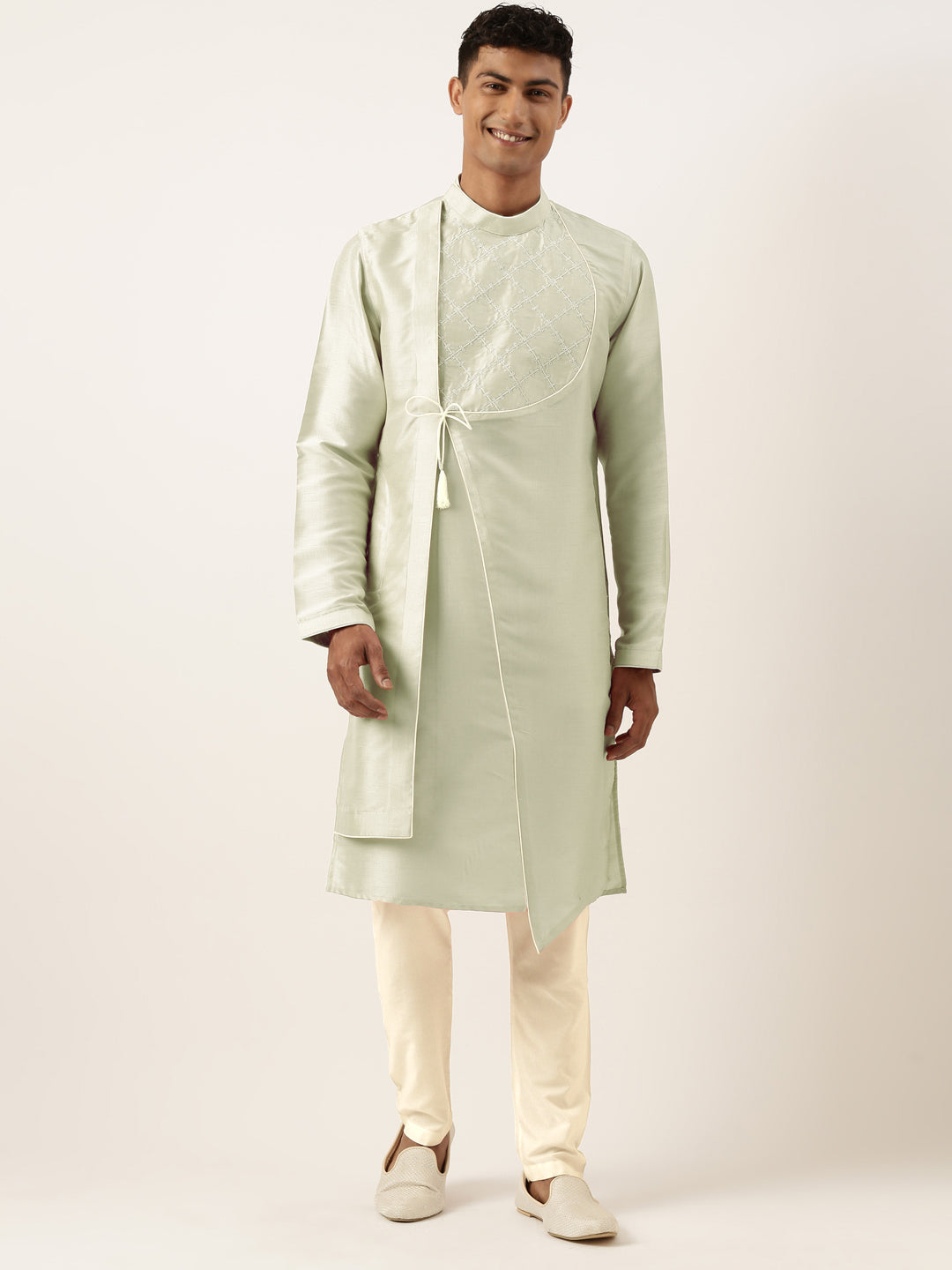 Pistachio Green Embroidery Angrakha Kurta Set