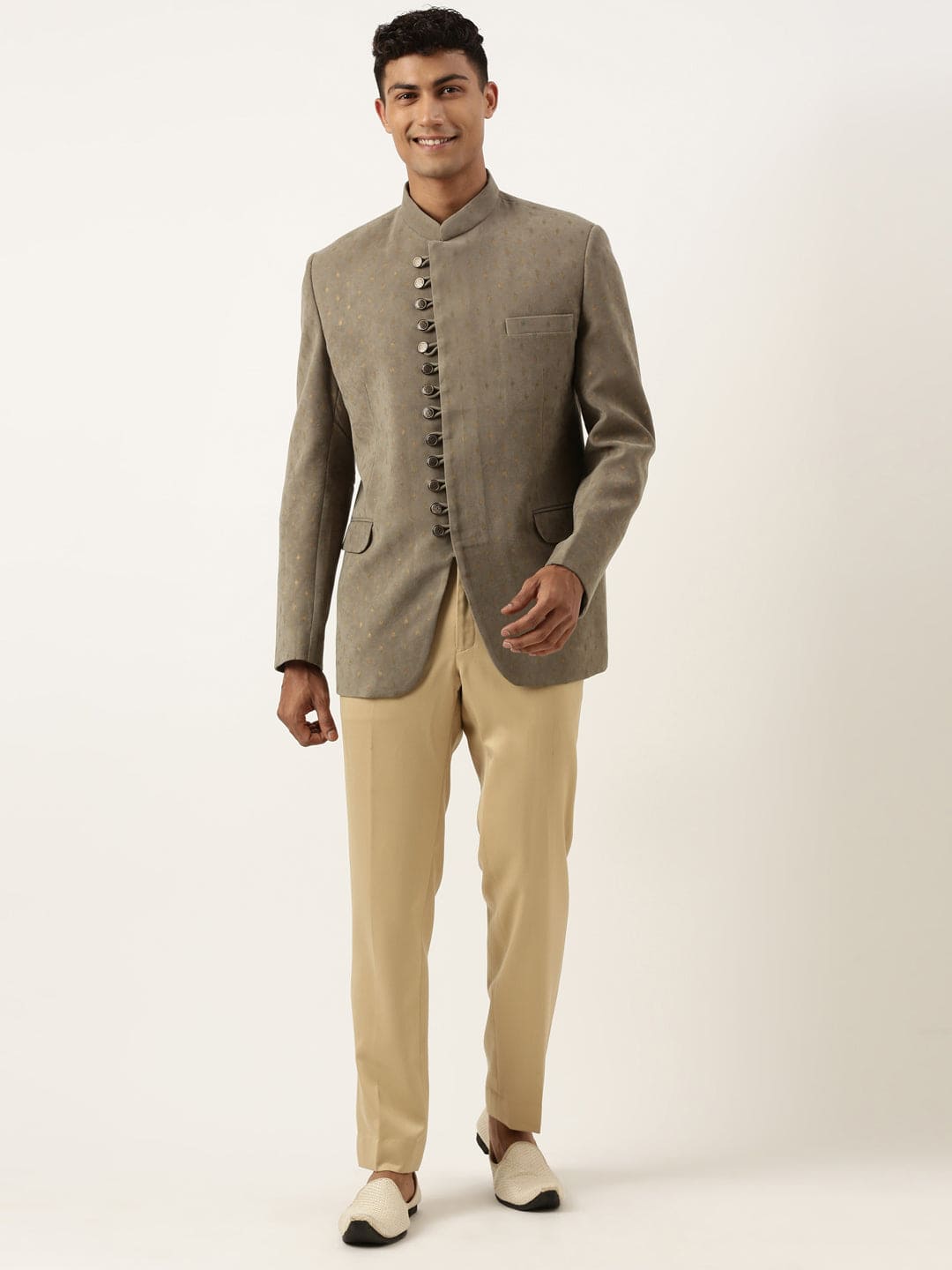 Olive Suede fabric with Golden motifs Bandhgala Set