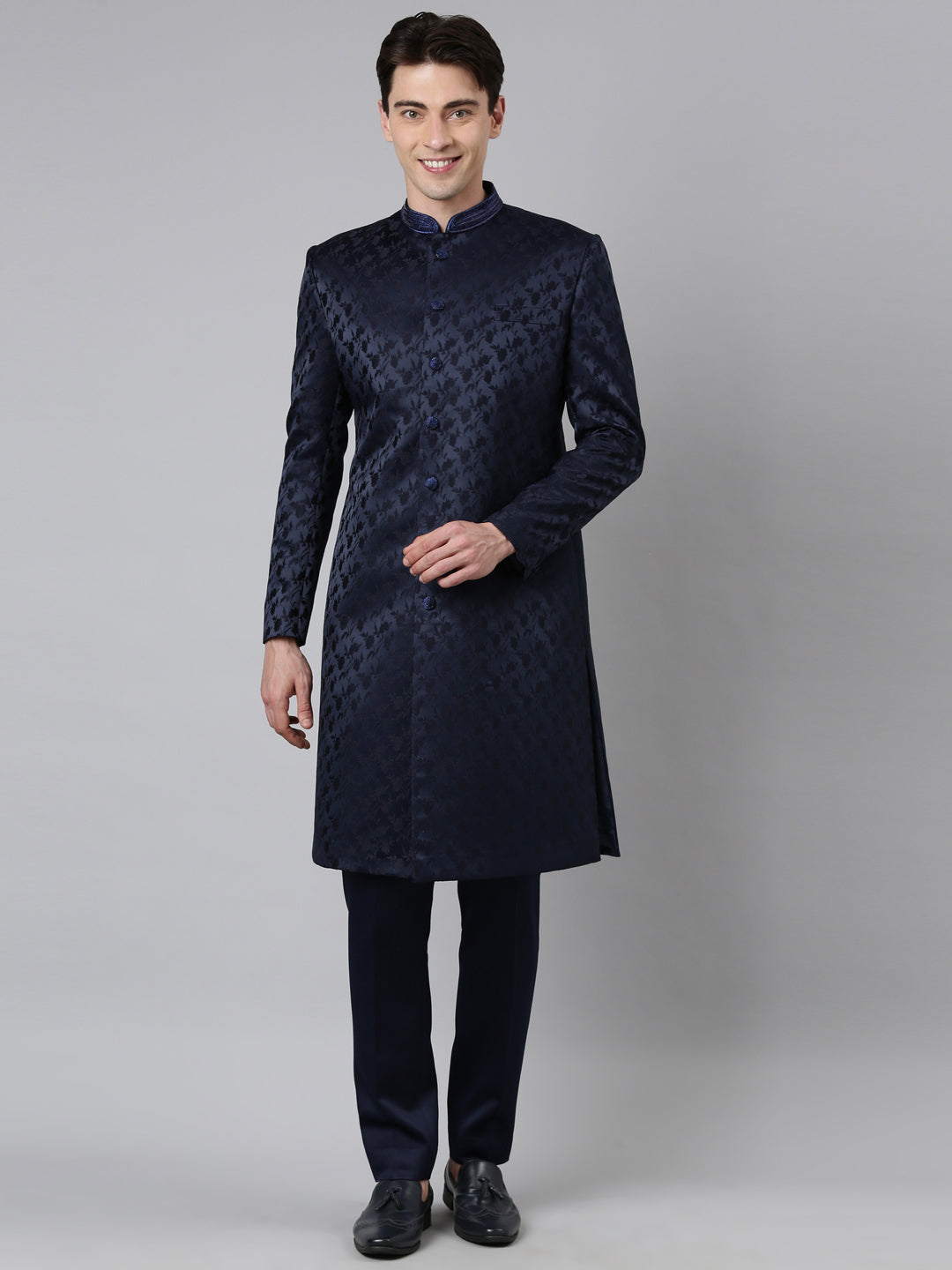 Navy Jacquard Achkan