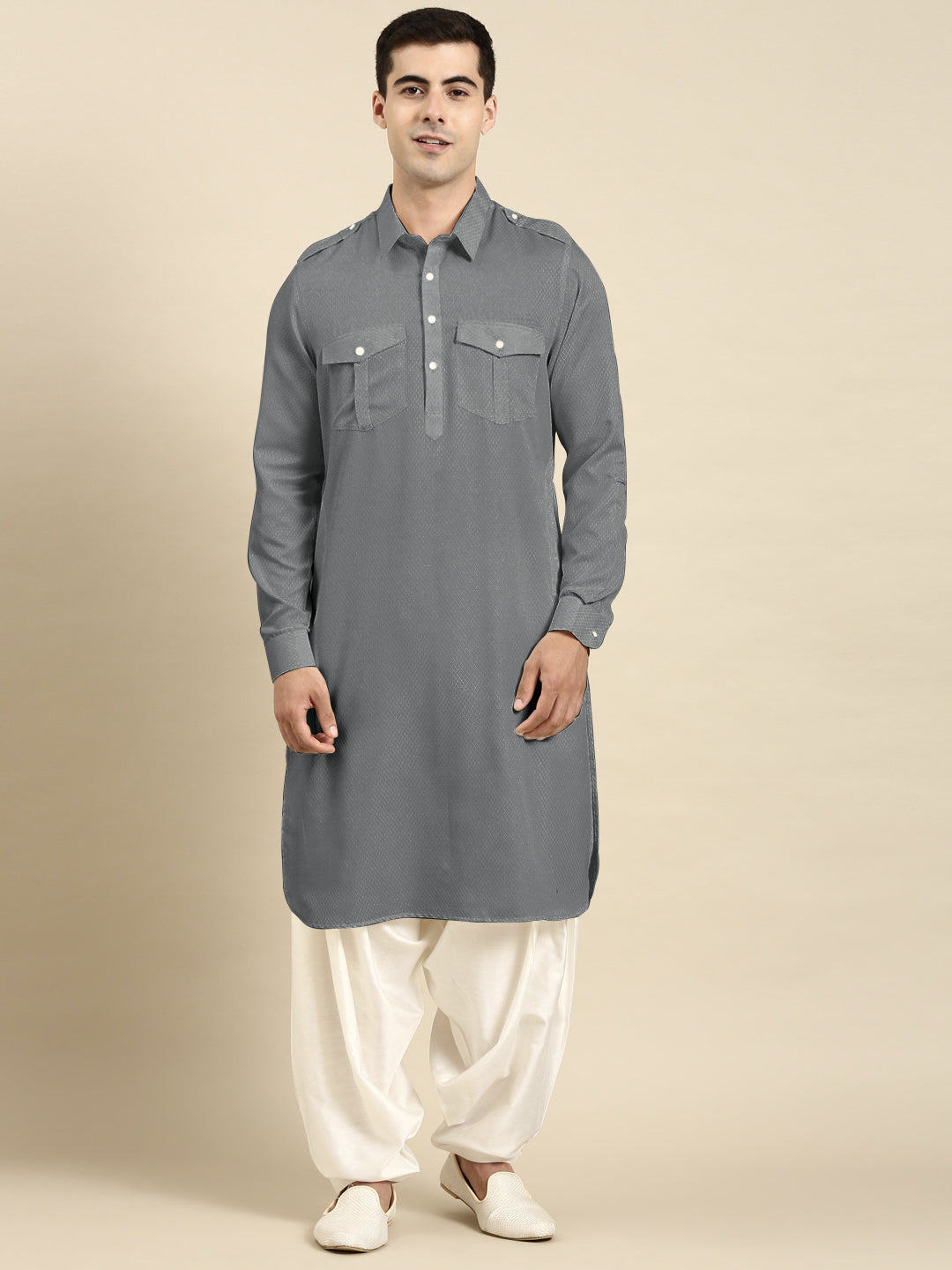 Grey Cotton Pathani with Salwar