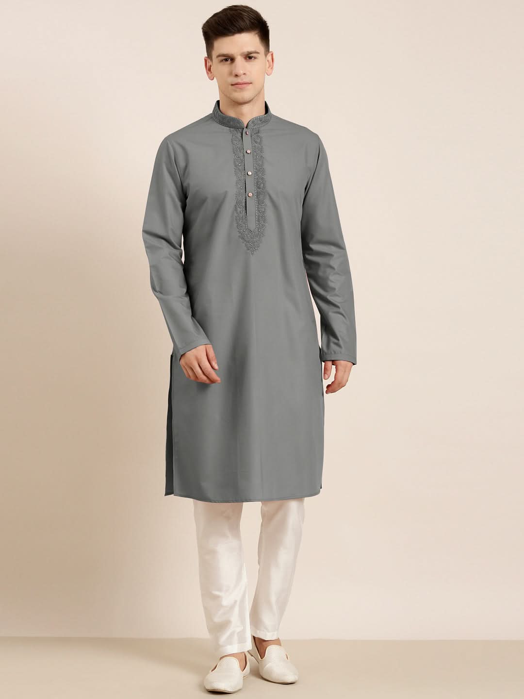 Grey Cotton Dori Embroidered Kurta Set