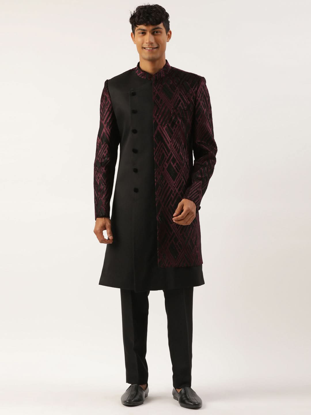 Wine Velvet Angrakha Layered Indowestern