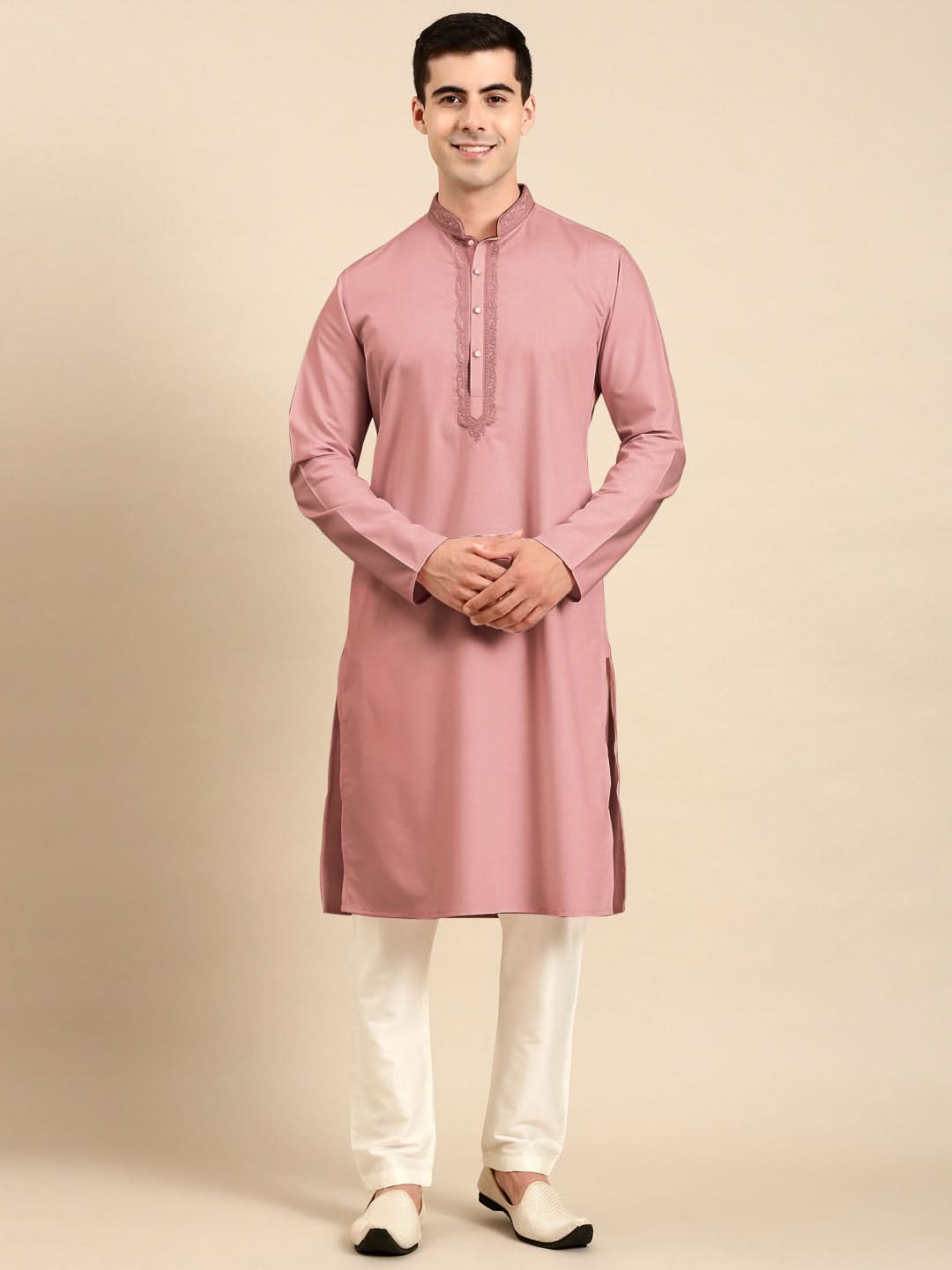 Rose Pink Cotton Dori Embroidered Kurta Set