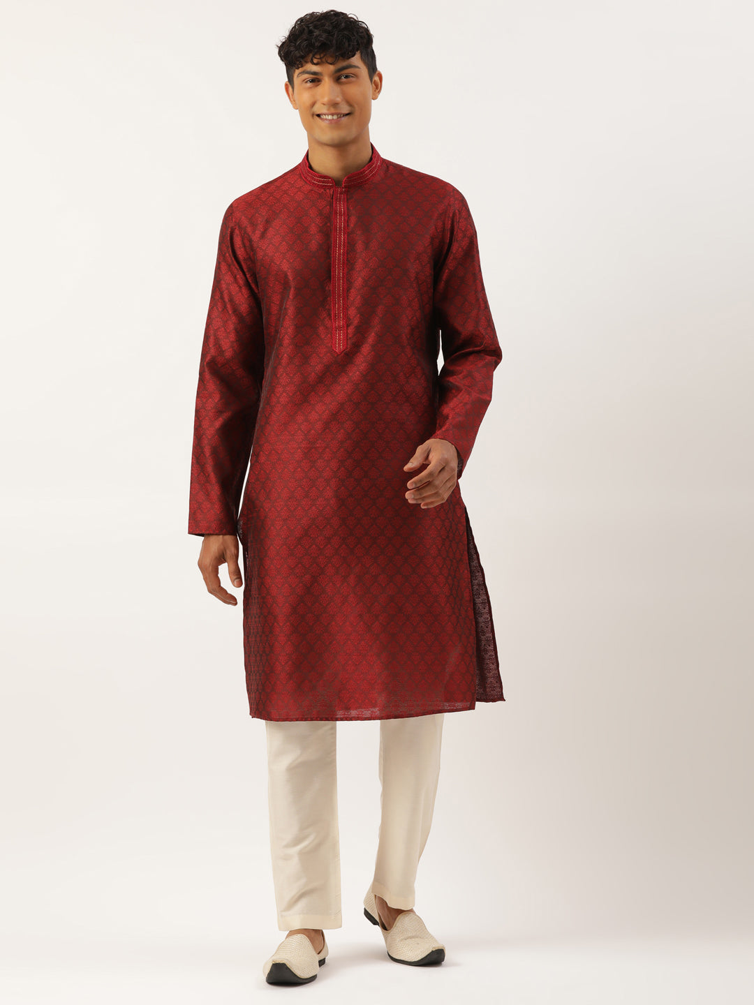 Maroon Jacquard Embroidered Kurta Set