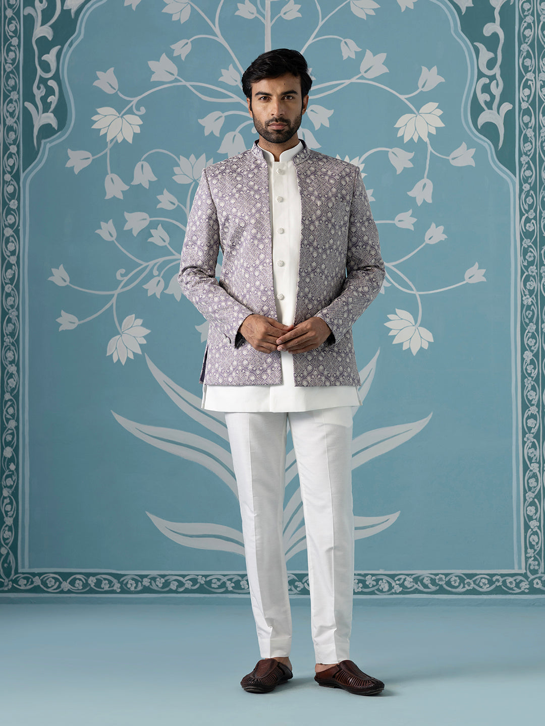 light lavender open Indo set with white embroidery