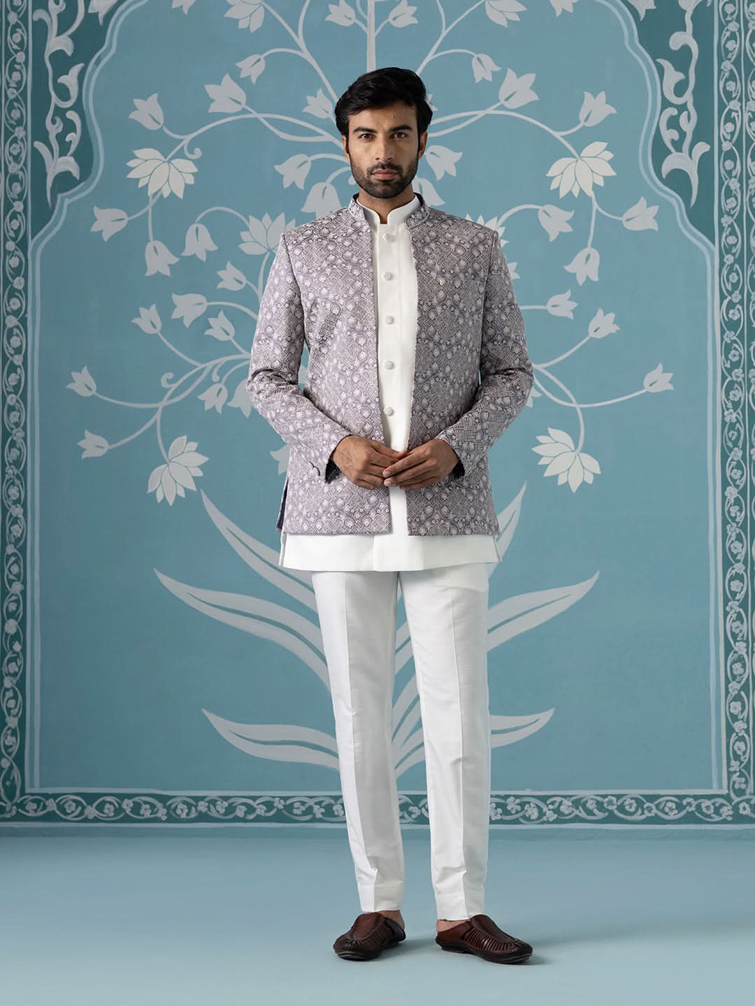 light lavender open Indo set with white embroidery