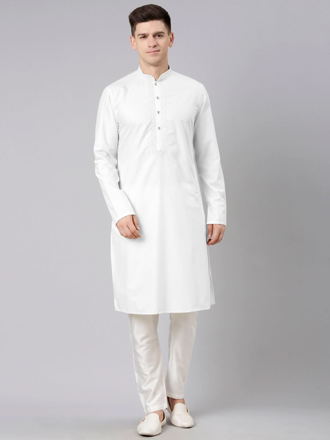 White Cotton Dori Embroidery Kurta Set