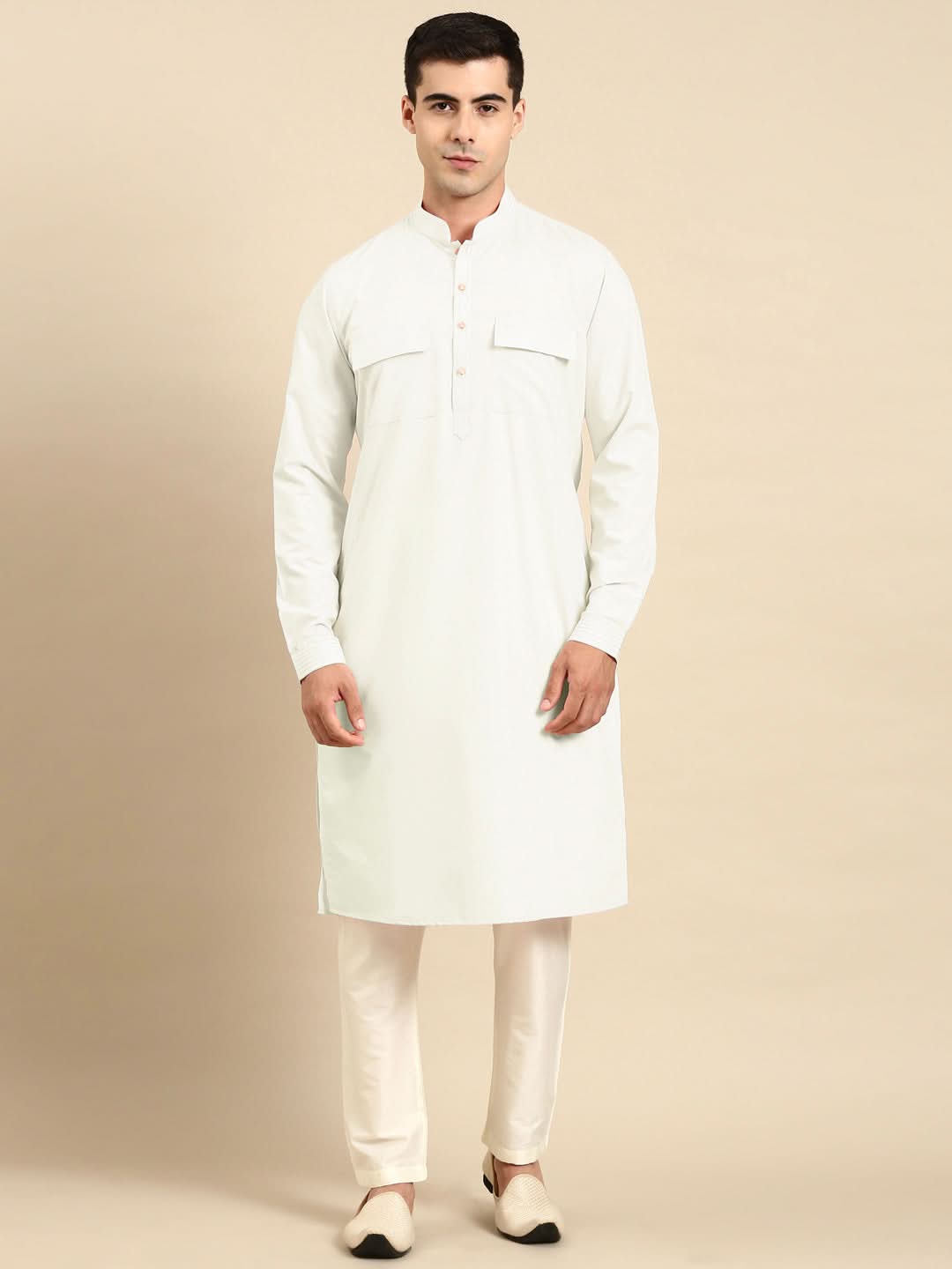Cream Cotton Pathani Kurta Set with Patch pocket