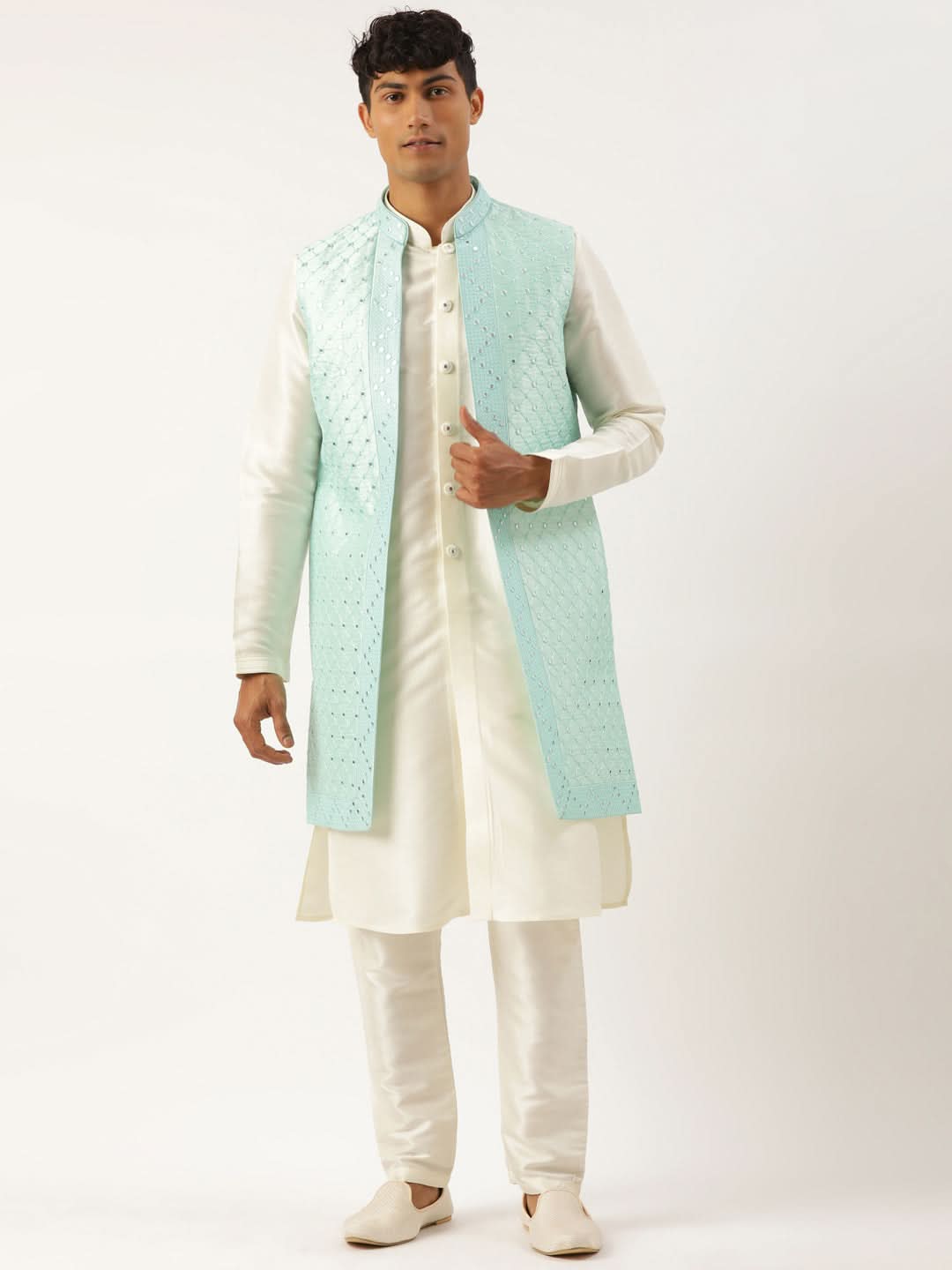 Turquise Mirror Embroidery open Jacket Kurta Set