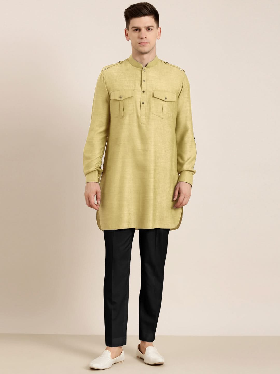 Greenish Beige cotton Short Pathani