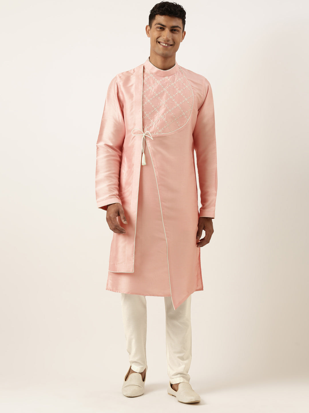 Peach Silk Embroidery Angrakha Kurta Set