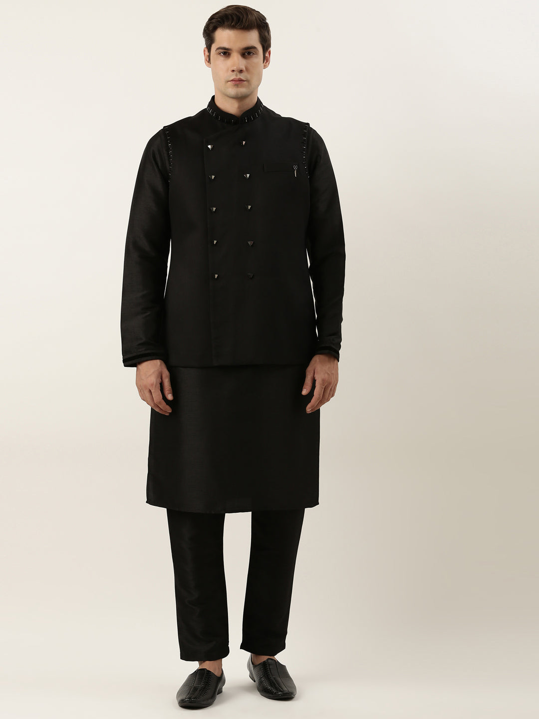 Black Embroidered Jacket Kurta Set