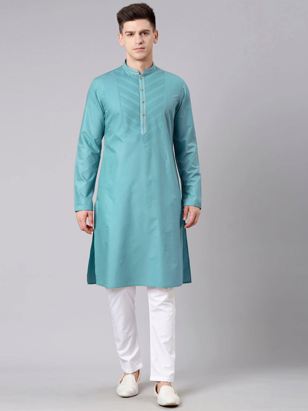 Teal Pleated Cotton Kurta Set