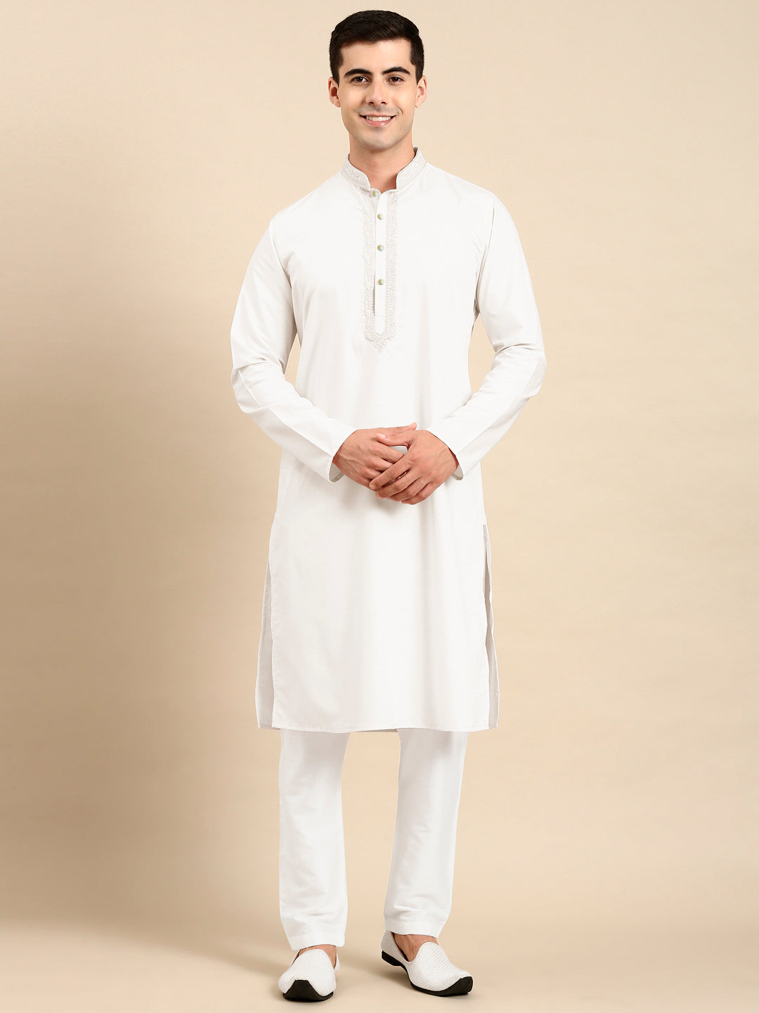 Off White Cotton Dori Embroidered Kurta Set