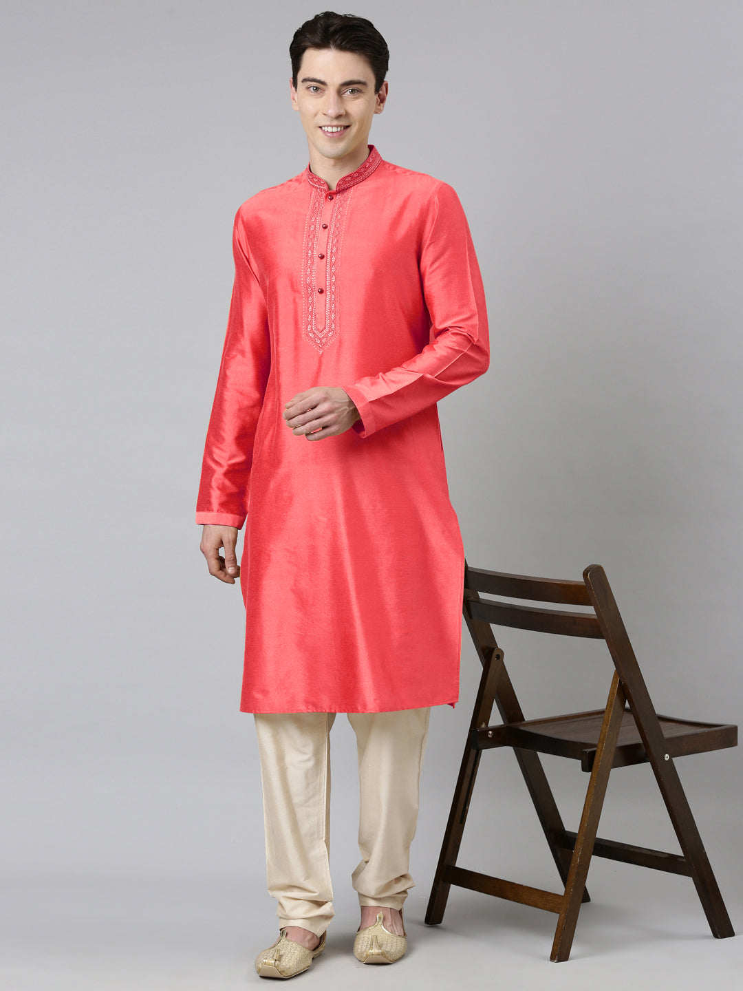 Red Silk Embroidery Kurta Set