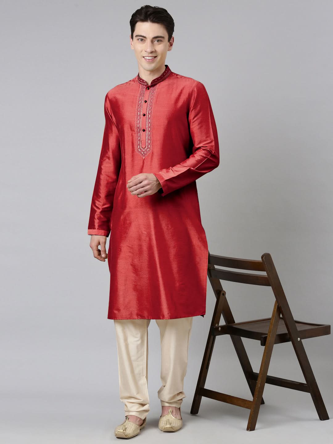 Maroon Silk Embroidery Kurta Set
