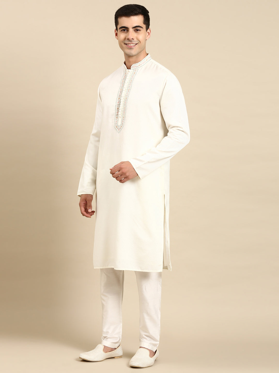 Off White Embroidered Kurta Set
