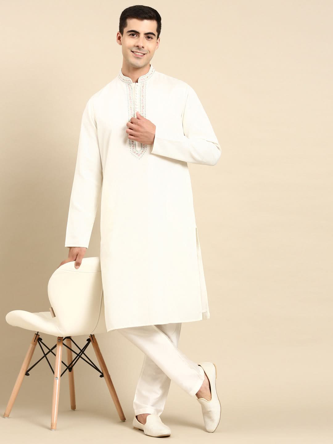 Off White Embroidered Kurta Set