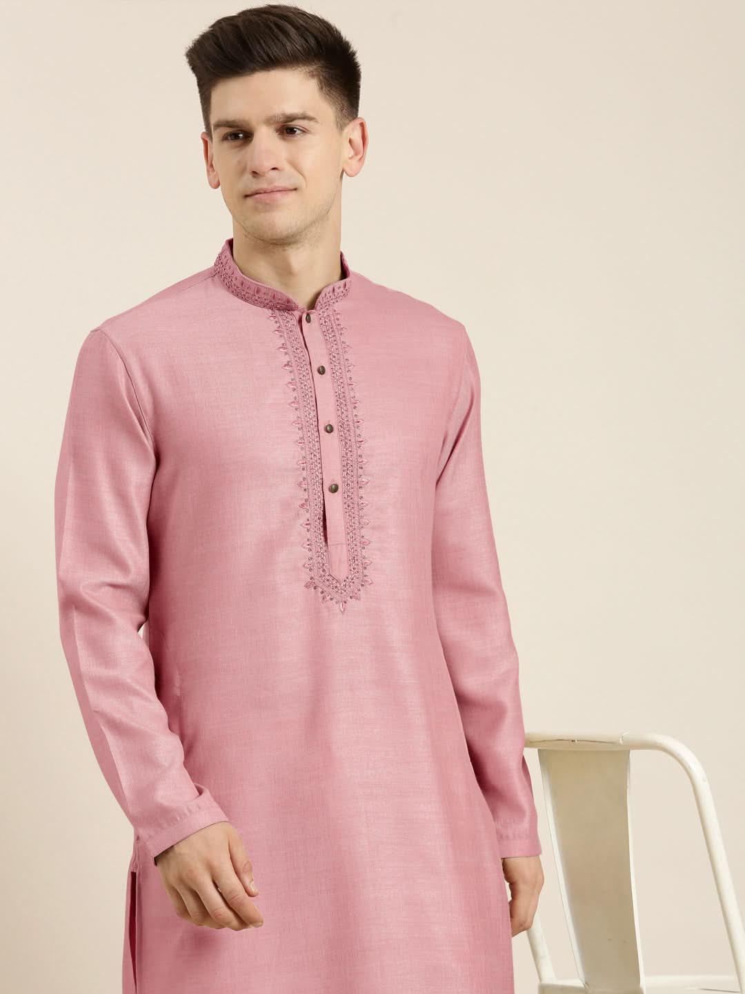 Old Rose cotton Dori Embroidered Kurta