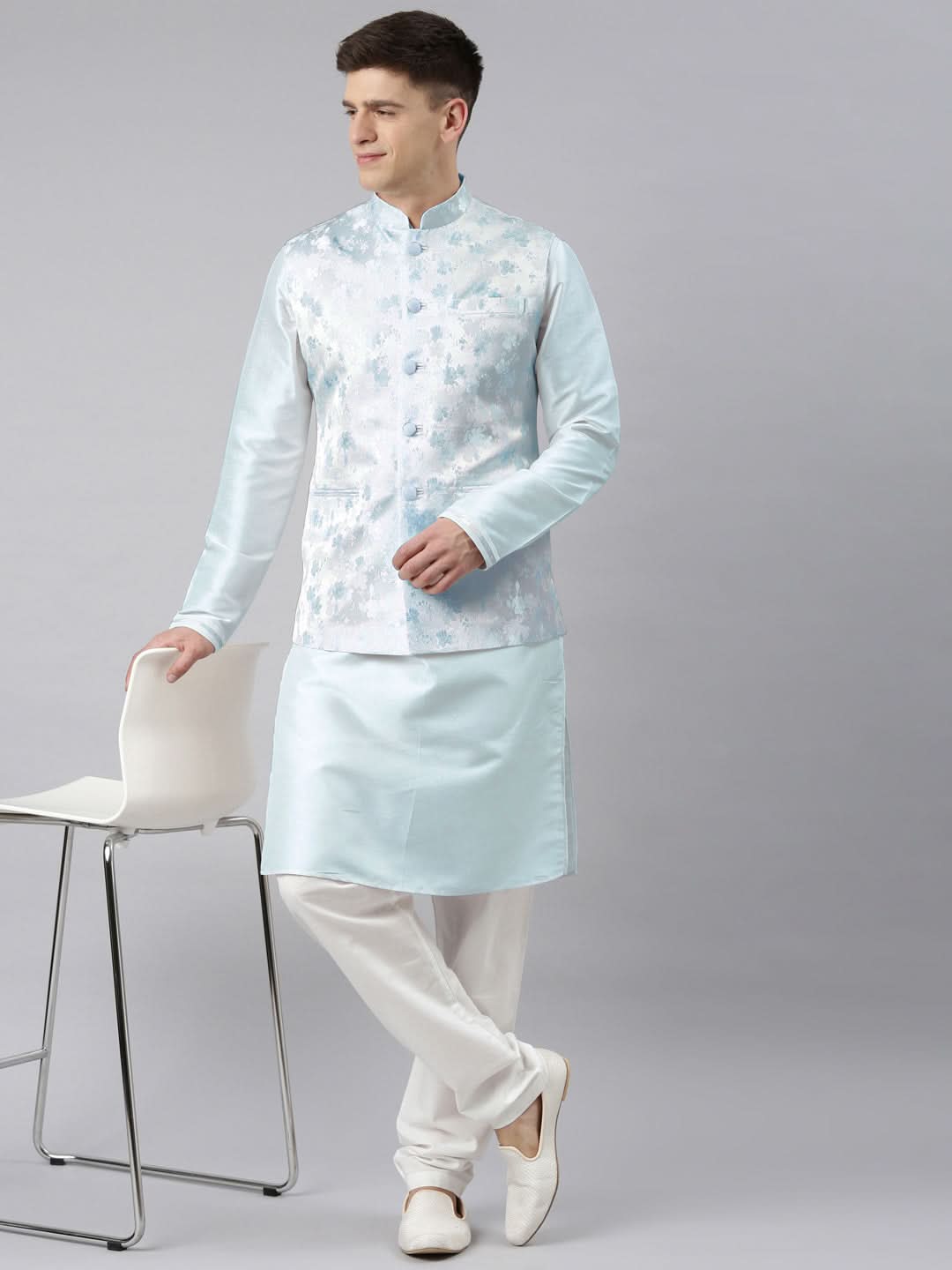 Blue Jacquard Jacket Kurta Set