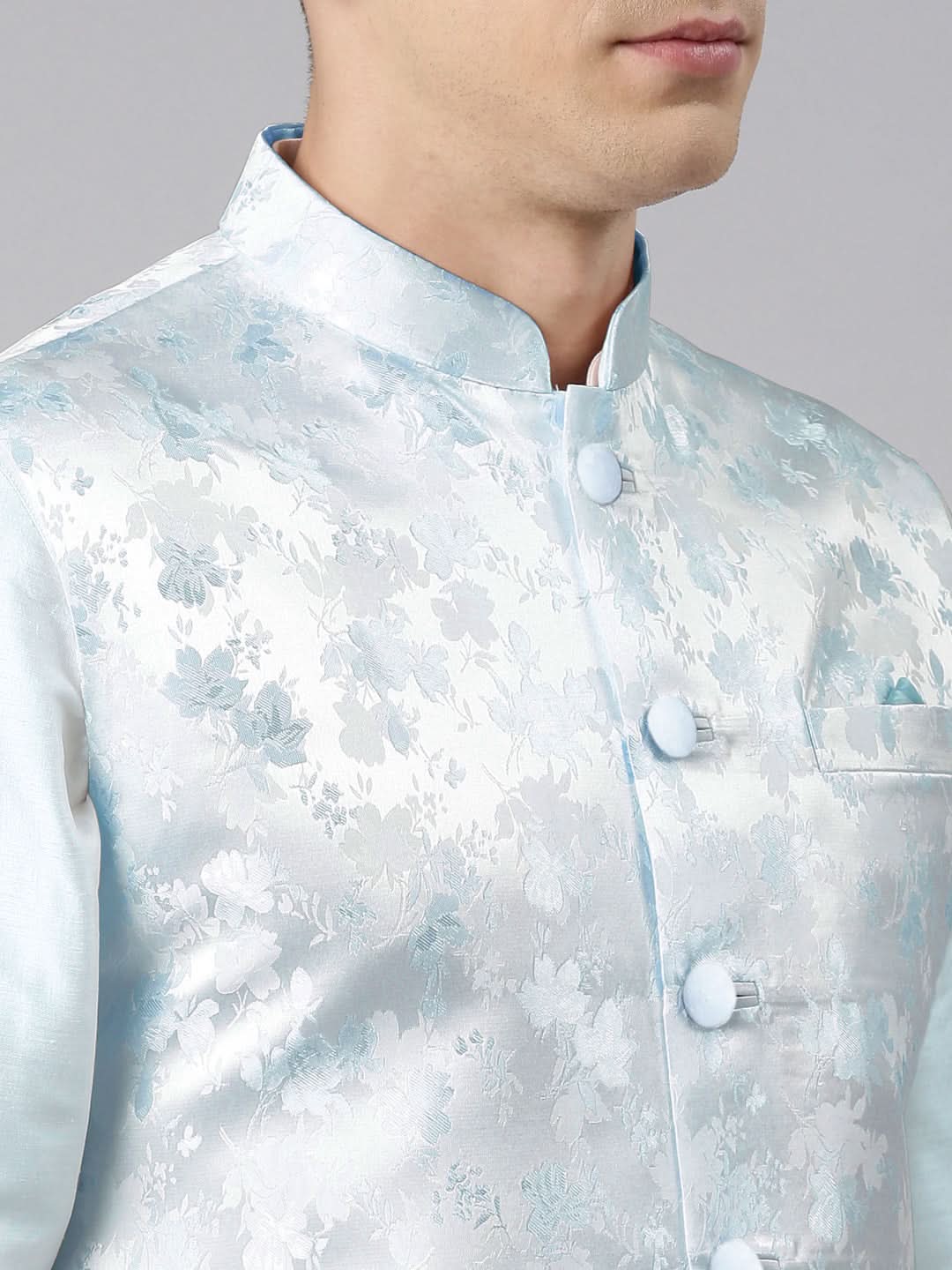 Blue Jacquard Jacket Kurta Set