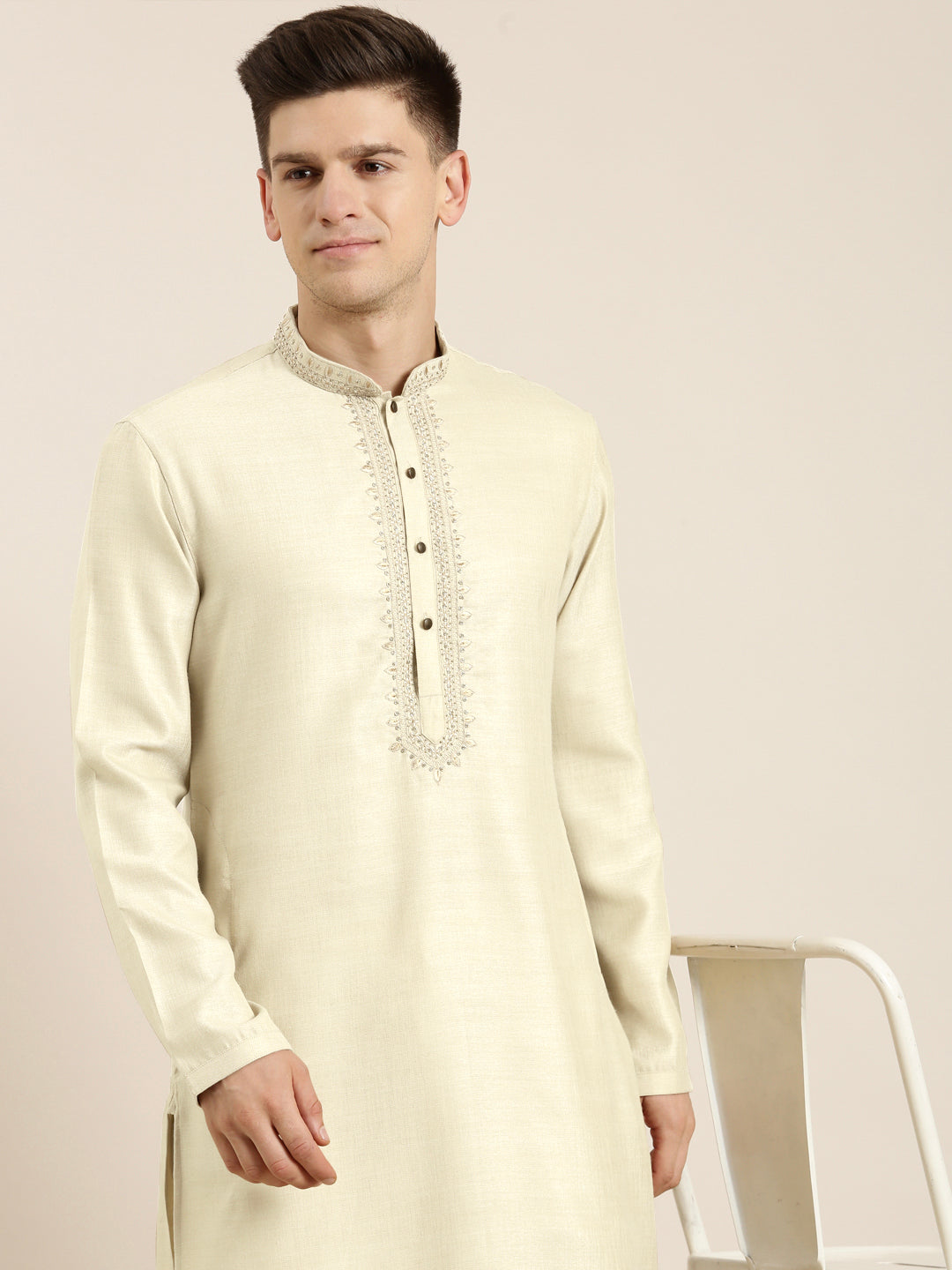 Cream cotton Dori Embroidered Kurta
