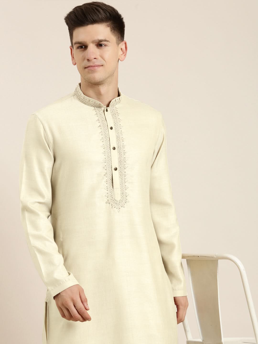 Cream cotton Dori Embroidered Kurta