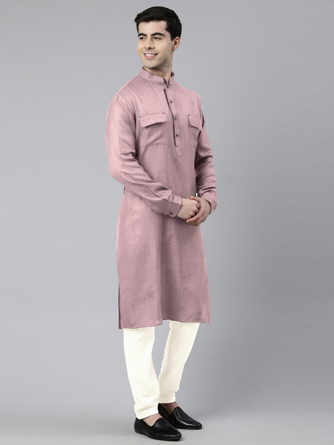 Old Rose Cotton Pathani Kurta Set with Patch pocket