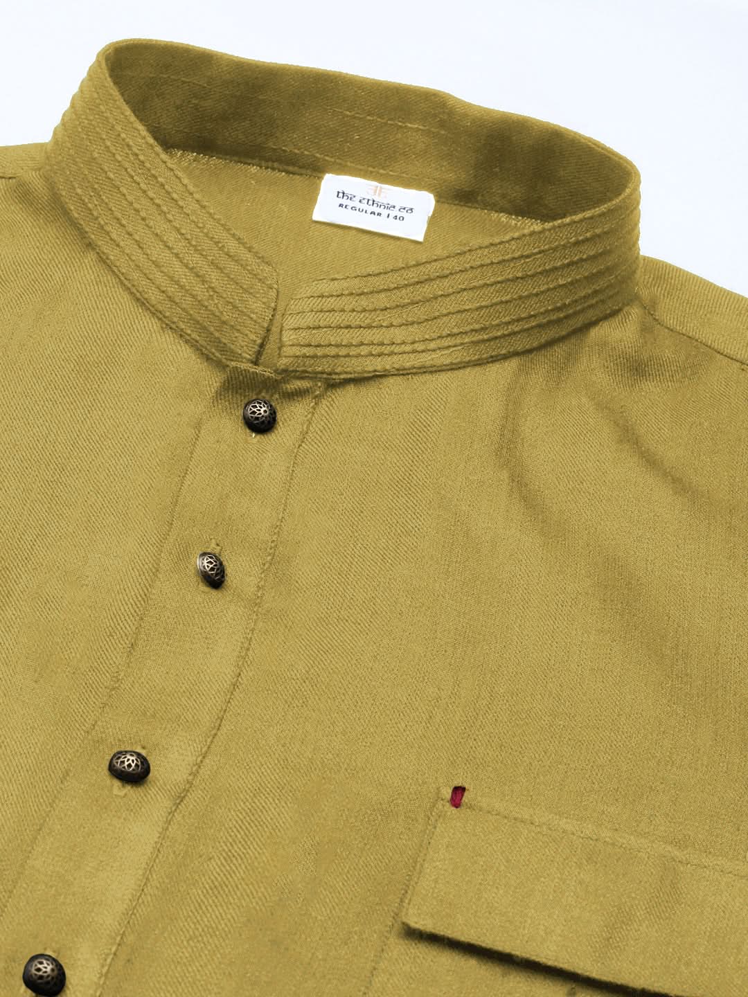 Greenish Yellow Cotton Pathani Kurta Set with Patch pocket