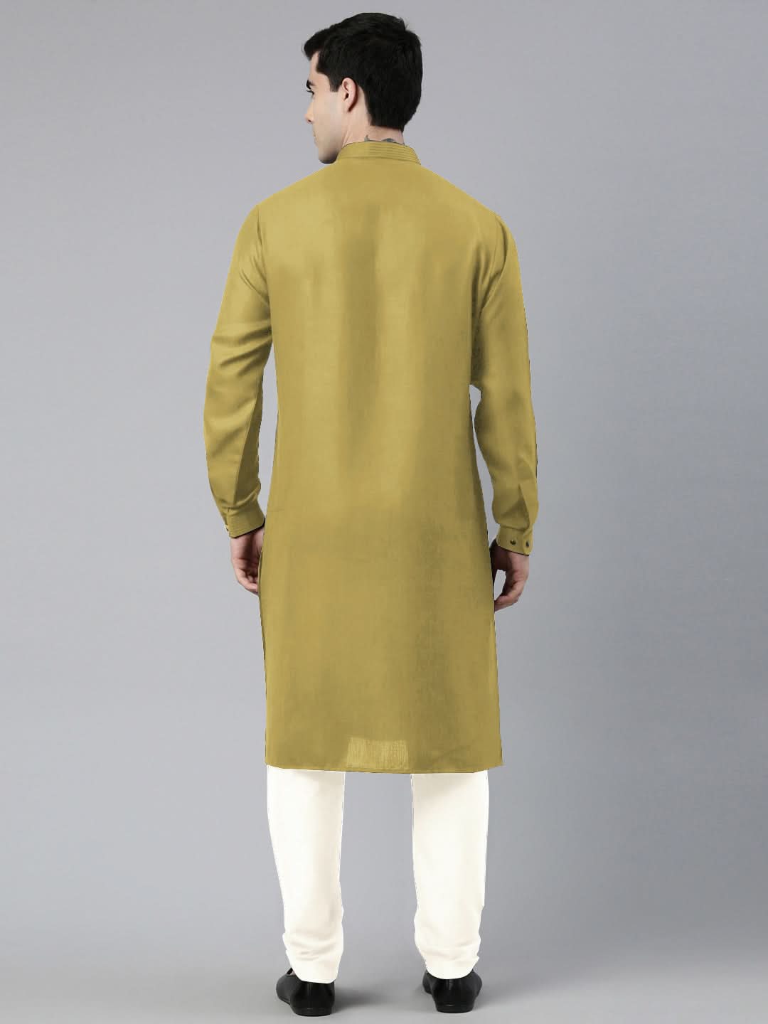 Greenish Yellow Cotton Pathani Kurta Set with Patch pocket