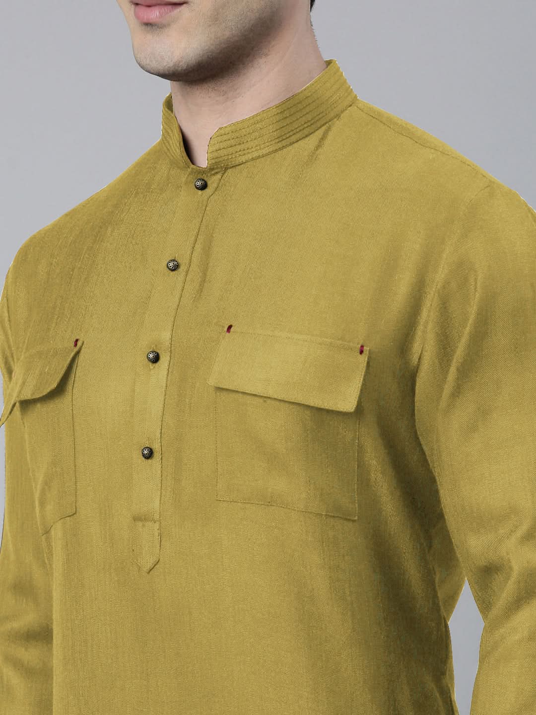 Greenish Yellow Cotton Pathani Kurta Set with Patch pocket