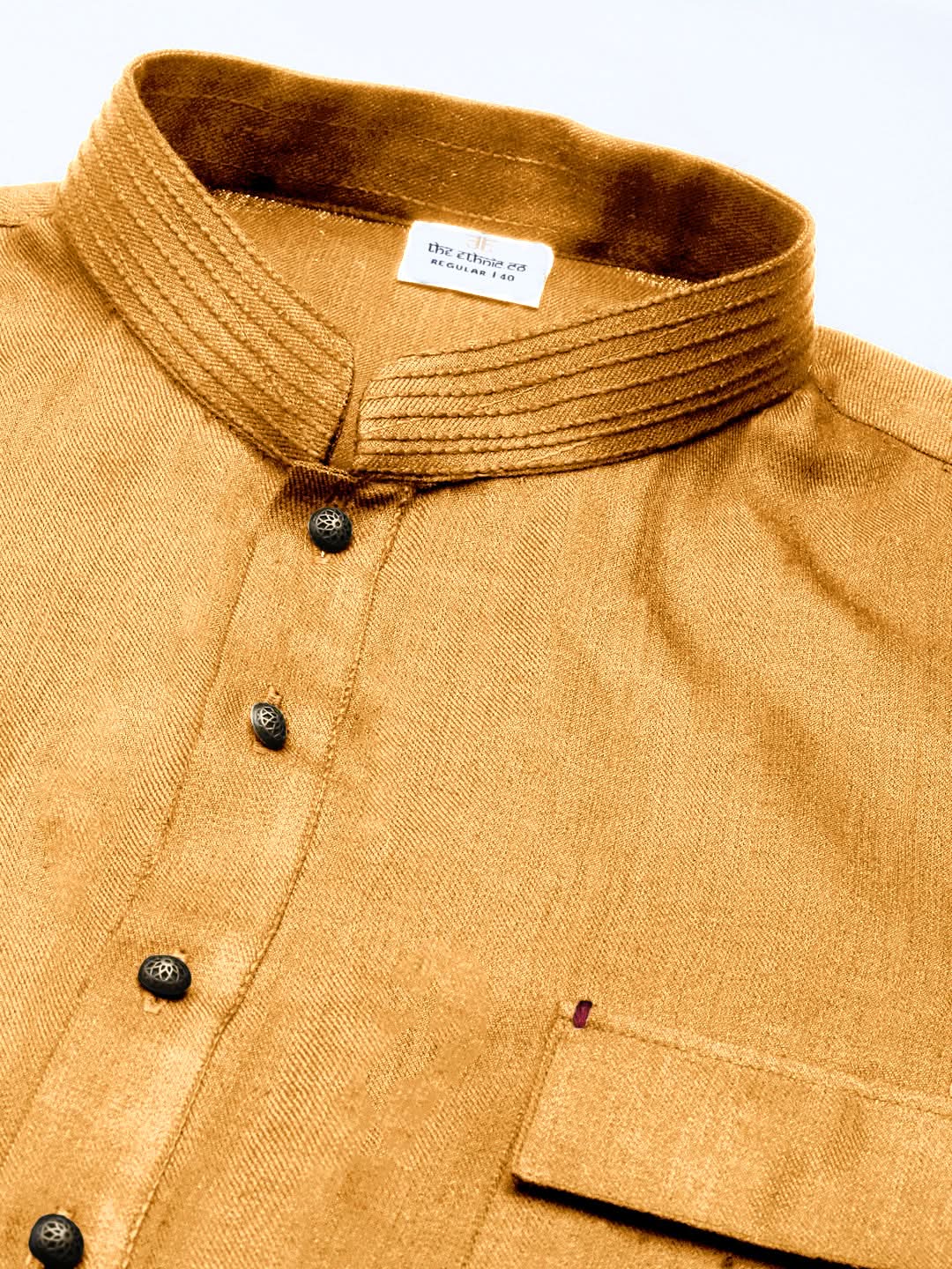 Mustard Cotton Pathani Kurta Set with Patch pocket