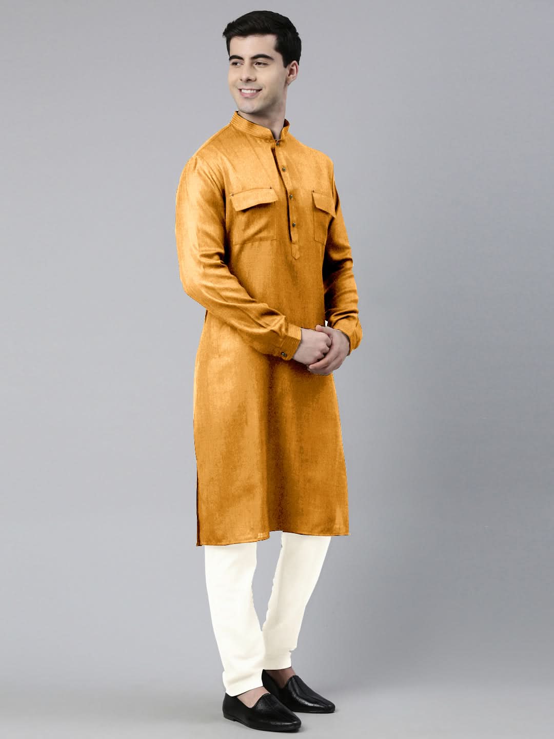 Mustard Cotton Pathani Kurta Set with Patch pocket