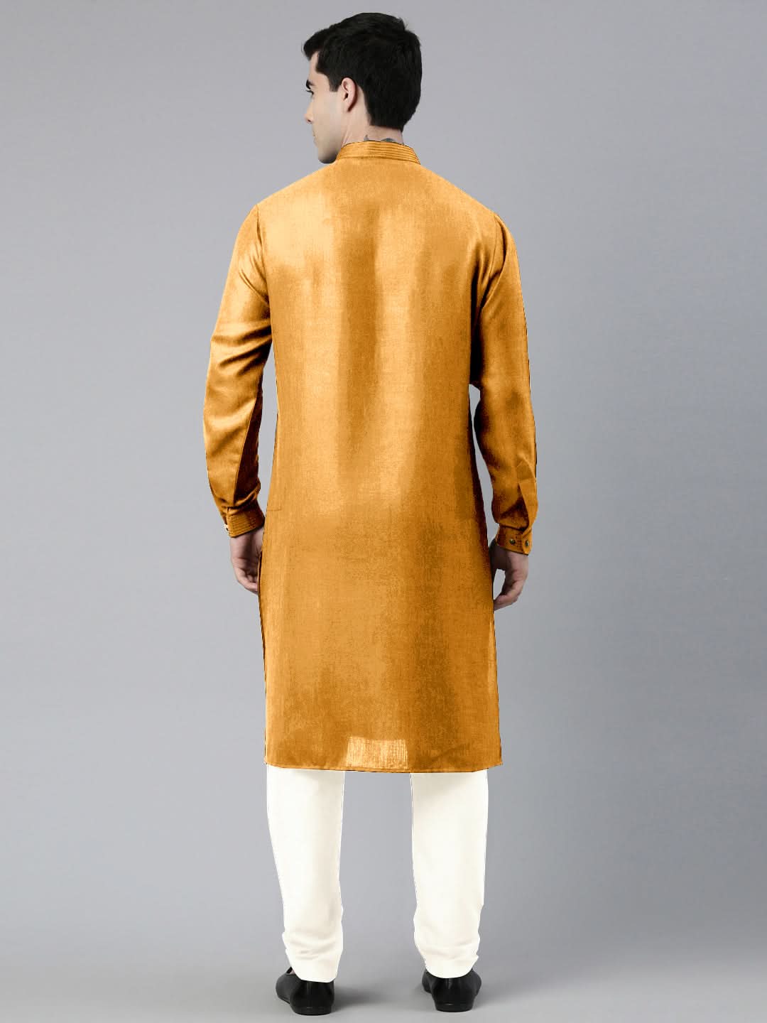 Mustard Cotton Pathani Kurta Set with Patch pocket