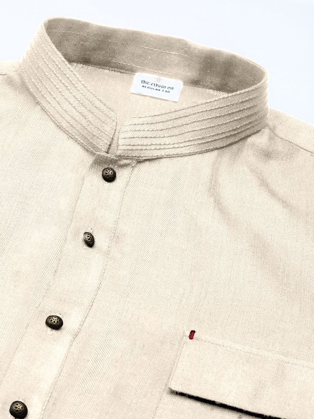 Cream Cotton Pathani Kurta Set with Patch pocket