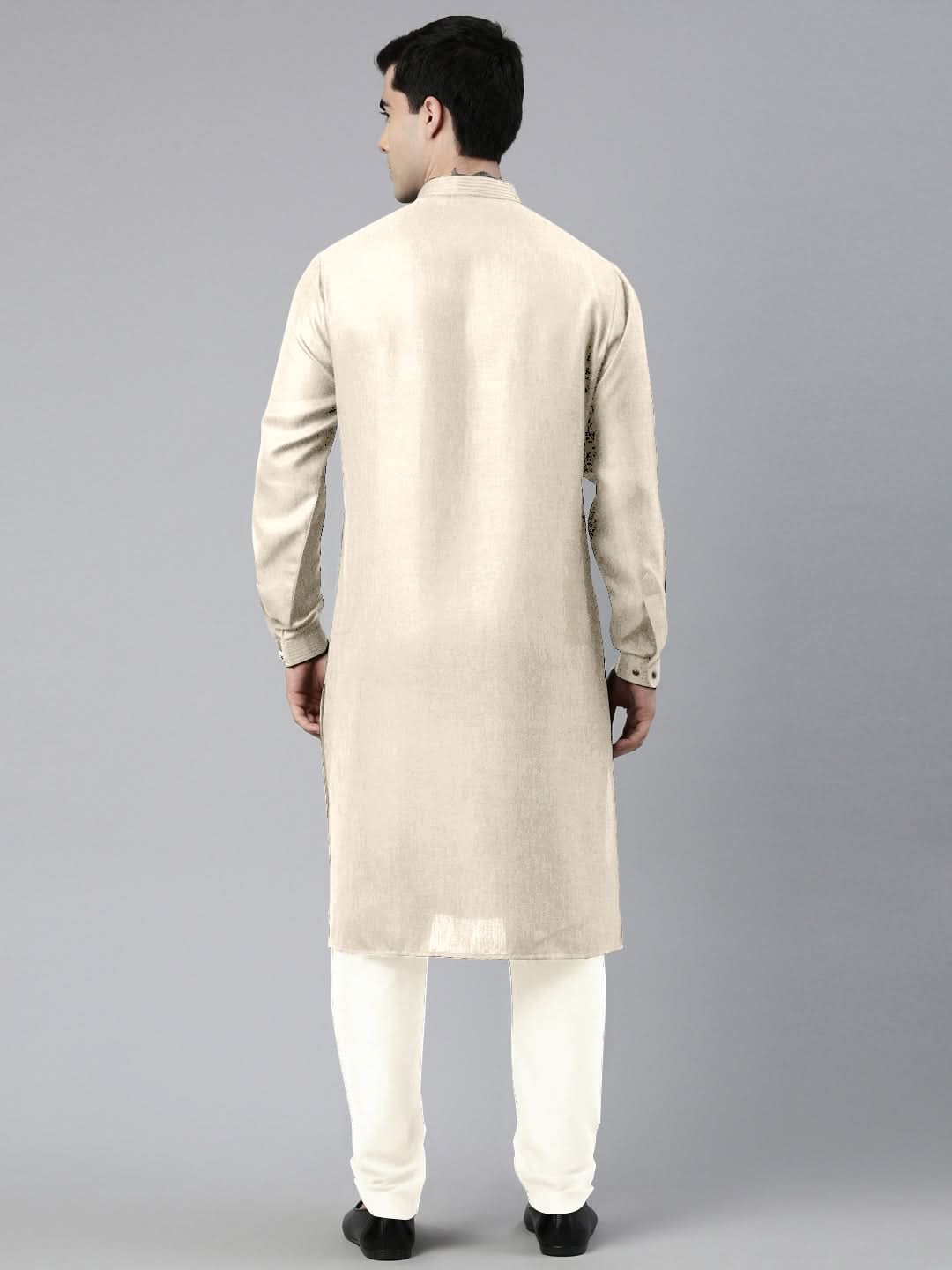 Cream Cotton Pathani Kurta Set with Patch pocket