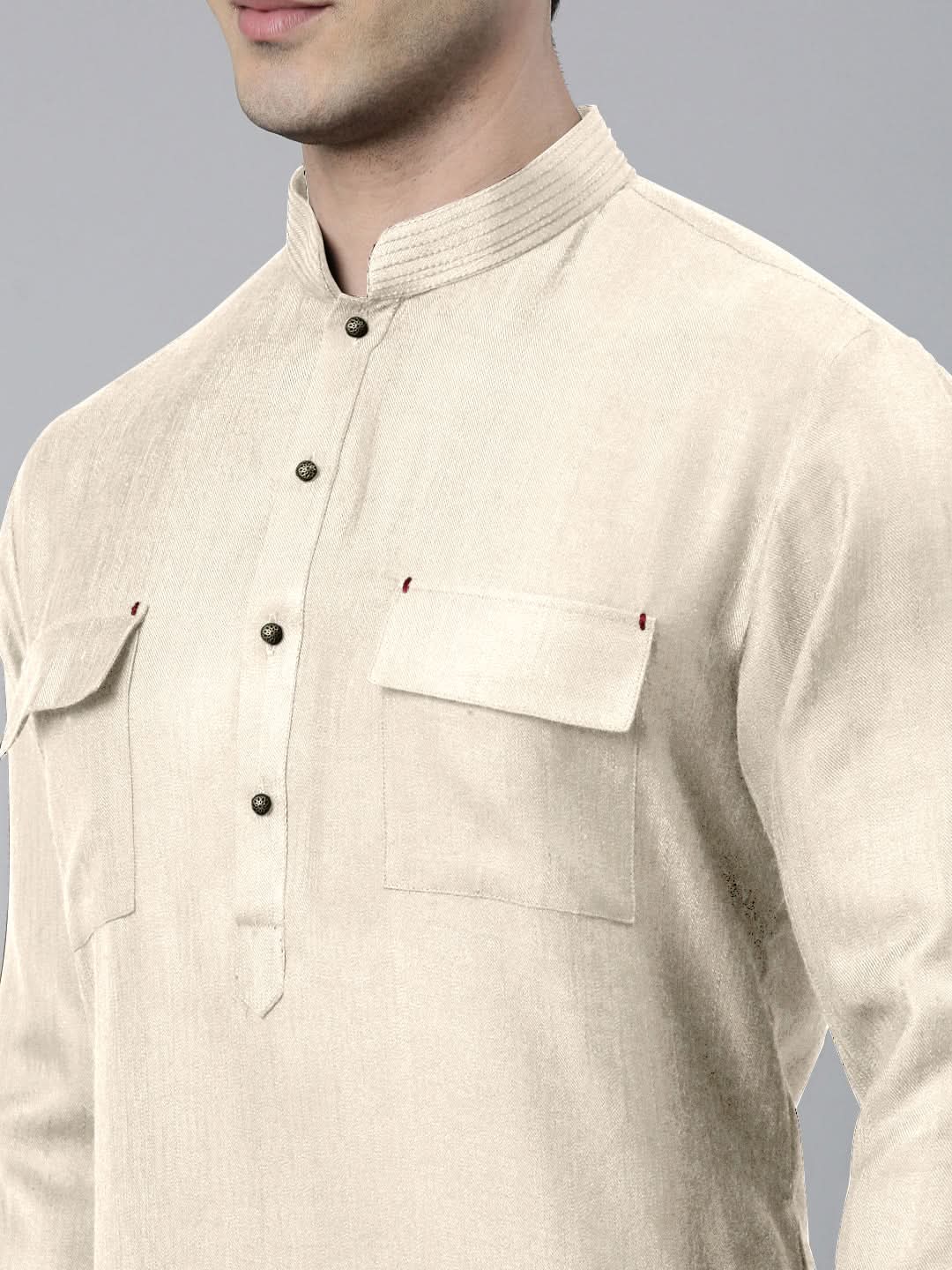 Cream Cotton Pathani Kurta Set with Patch pocket