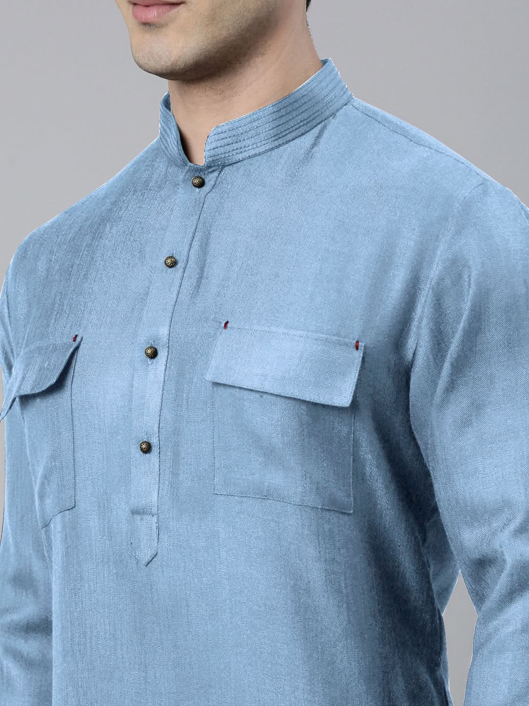 Light Blue Cotton Pathani Kurta Set with Patch pocket