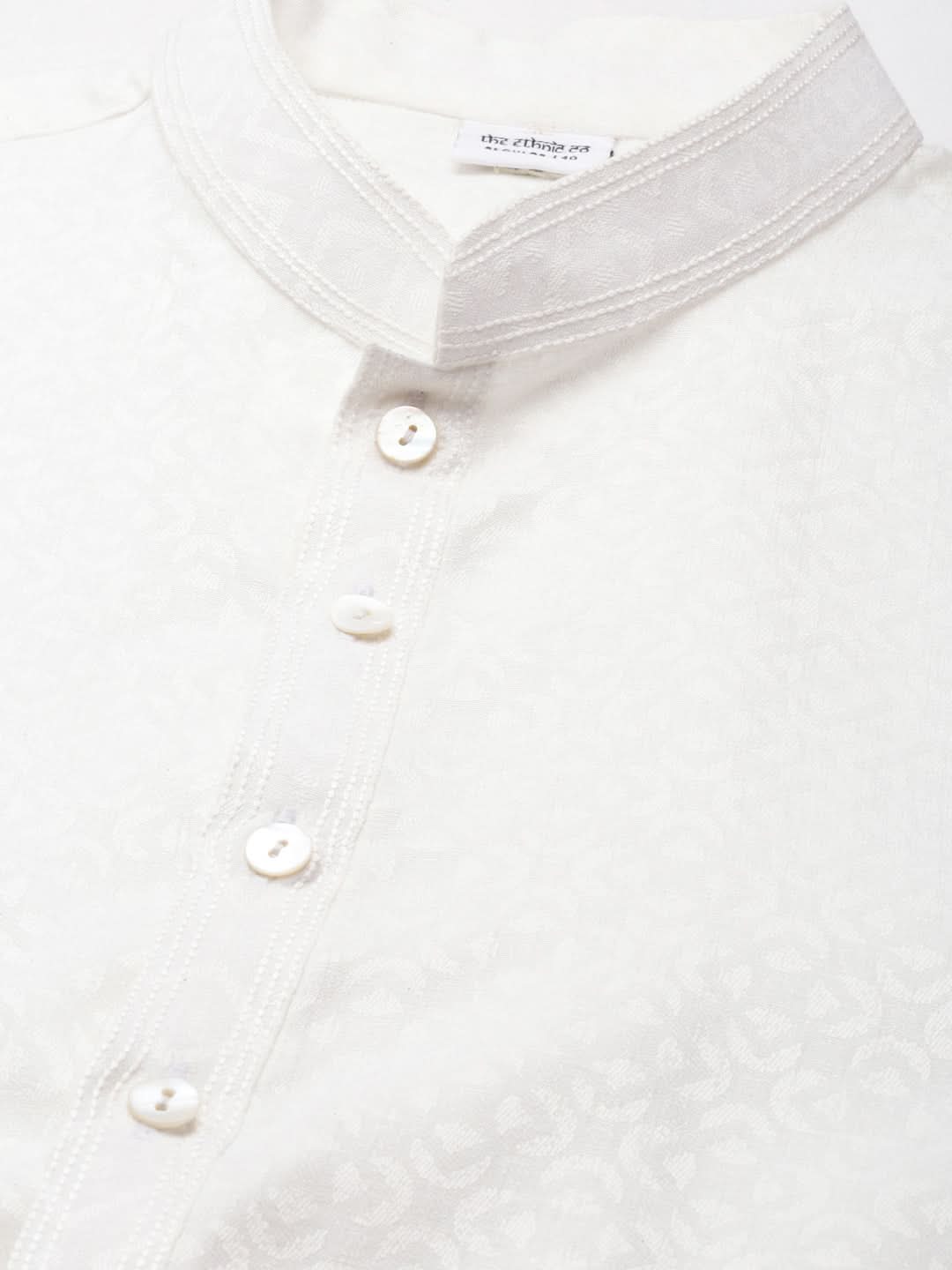 White Self Design Cotton Kurta Set