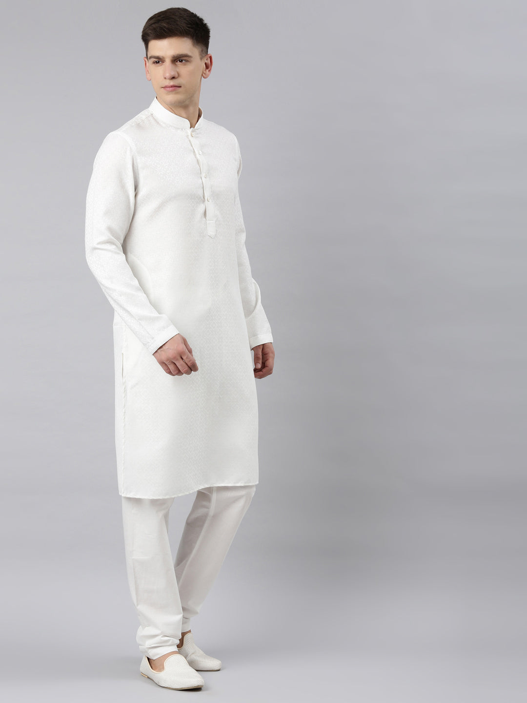 White Self Design Cotton Kurta Set