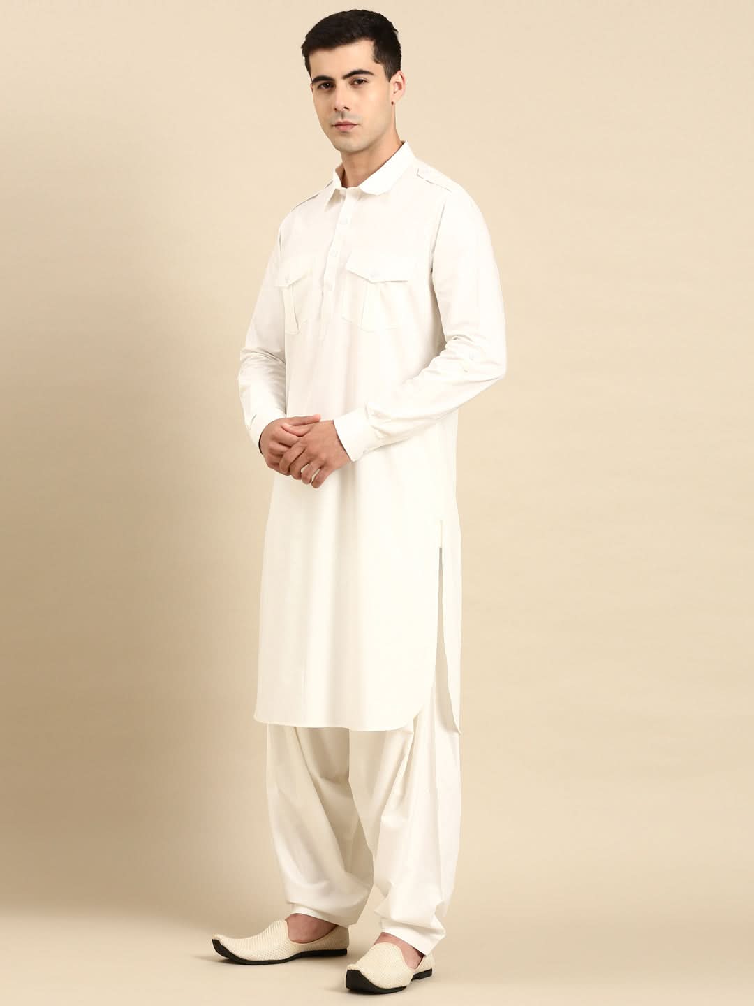 Off White fine Cotton Pathani with Salwar