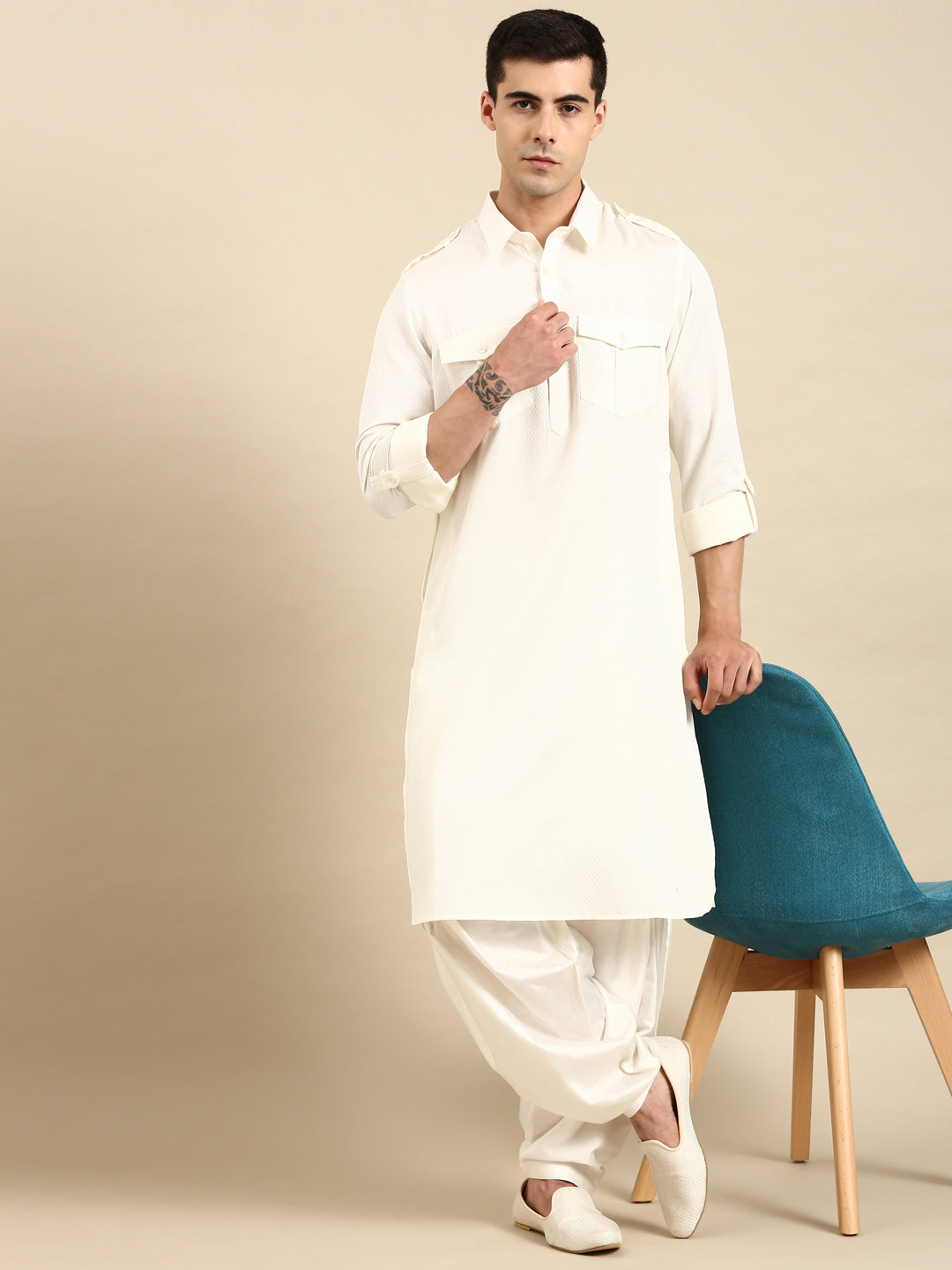 White  Cotton Pathani with Salwar