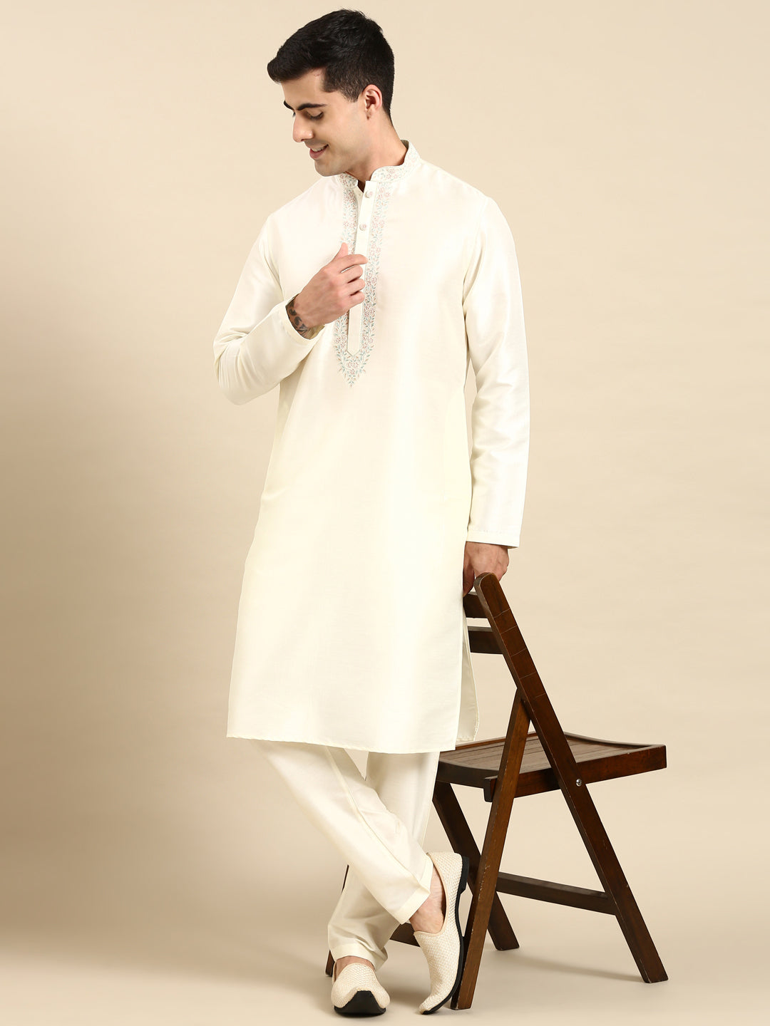 Creame Silk Dori Embroidered Kurta Set