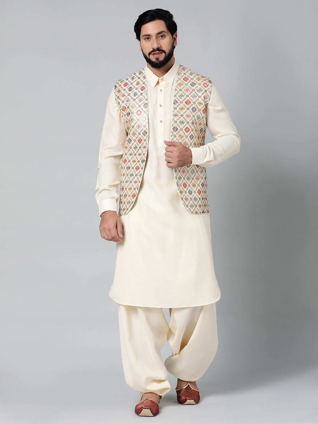 Cream Ethnic Jacket With Pathani Set